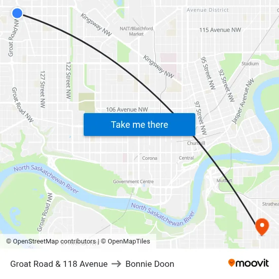 Groat Road & 118 Avenue to Bonnie Doon map
