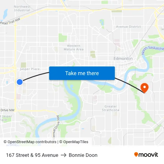 167 Street & 95 Avenue to Bonnie Doon map