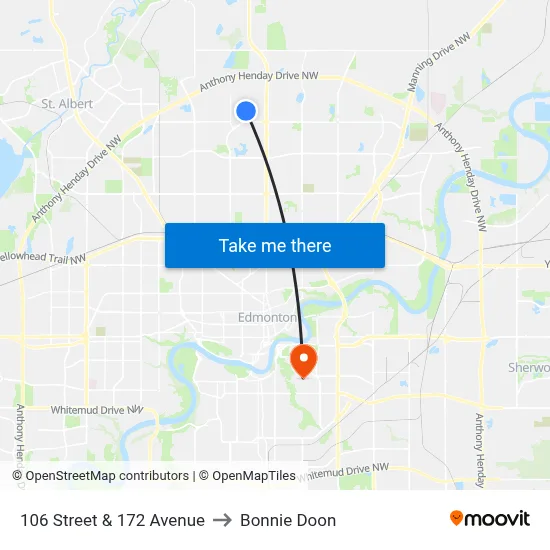 106 Street & 172 Avenue to Bonnie Doon map