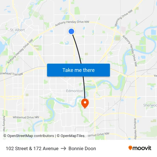 102 Street & 172 Avenue to Bonnie Doon map
