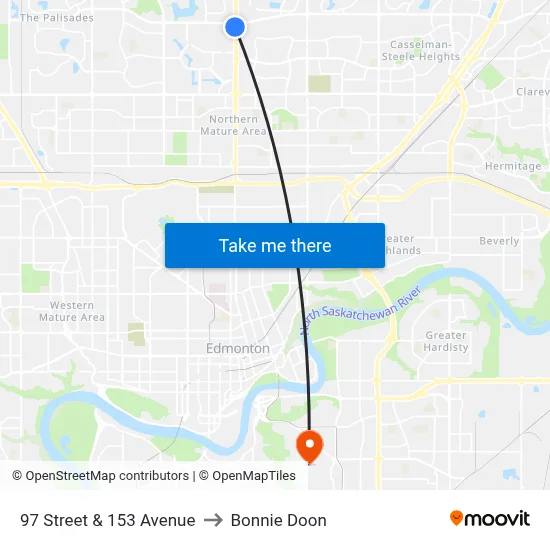 97 Street & 153 Avenue to Bonnie Doon map