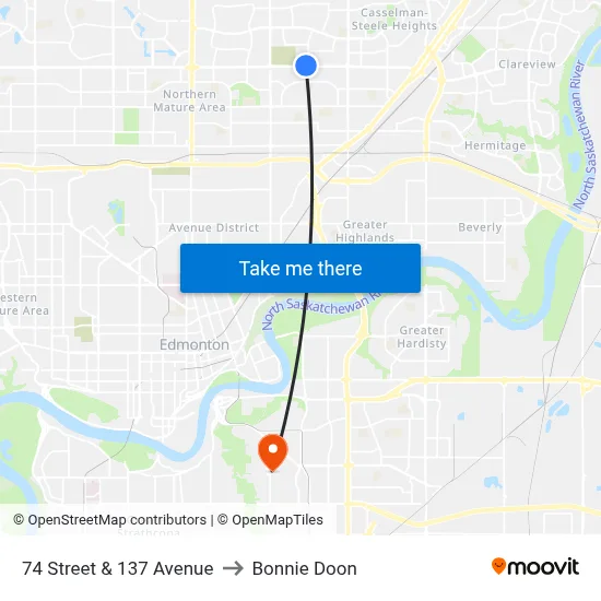 74 Street & 137 Avenue to Bonnie Doon map