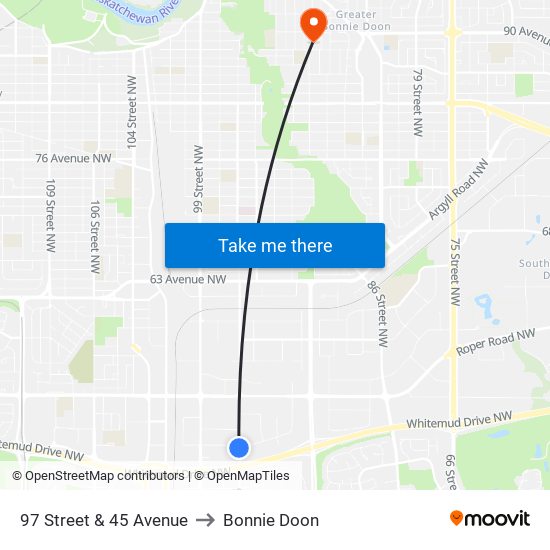 97 Street & 45 Avenue to Bonnie Doon map