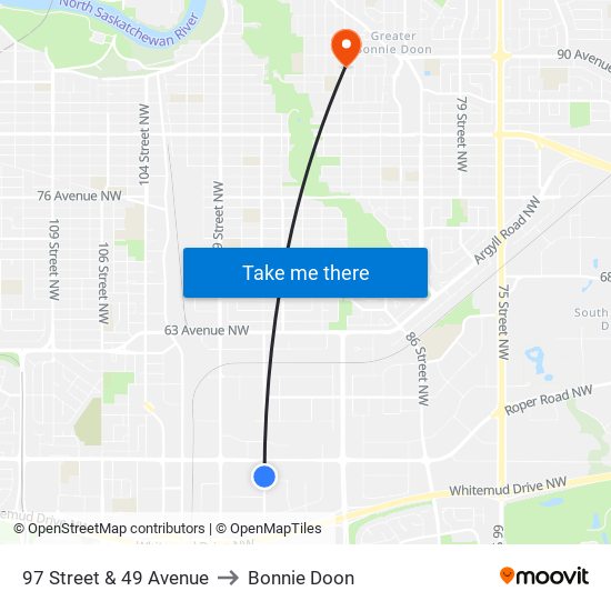 97 Street & 49 Avenue to Bonnie Doon map