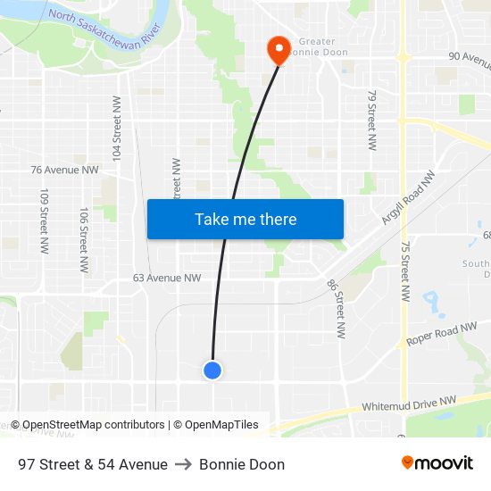 97 Street & 54 Avenue to Bonnie Doon map