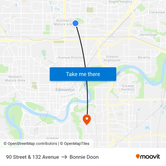 90 Street & 132 Avenue to Bonnie Doon map