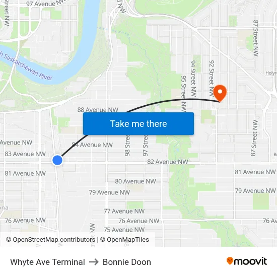 Whyte Ave Terminal to Bonnie Doon map