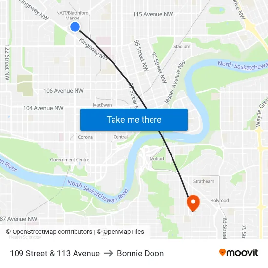 109 Street & 113 Avenue to Bonnie Doon map