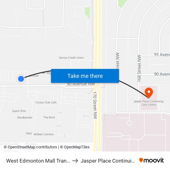 West Edmonton Mall Transit Centre Bay C to Jasper Place Continuing Care Centre map