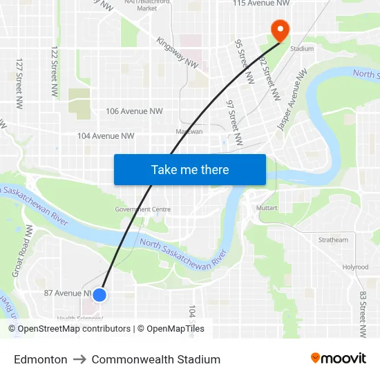 Edmonton to Commonwealth Stadium map