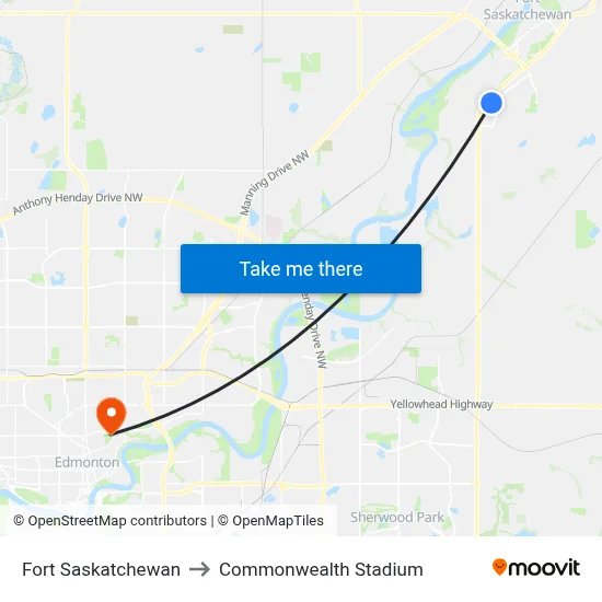 Fort Saskatchewan to Commonwealth Stadium map