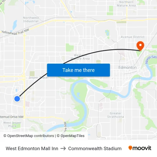 West Edmonton Mall Inn to Commonwealth Stadium map