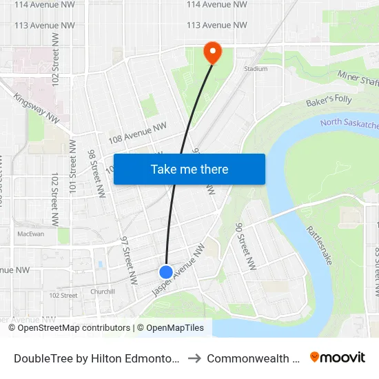 DoubleTree by Hilton Edmonton Downtown to Commonwealth Stadium map
