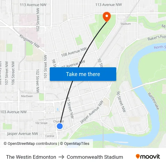 The Westin Edmonton to Commonwealth Stadium map