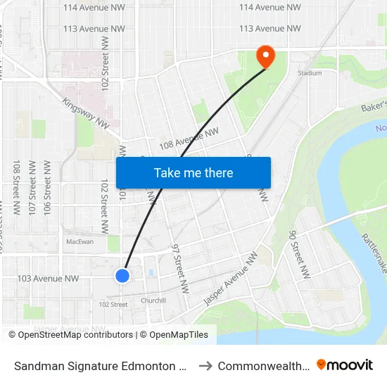 Sandman Signature Edmonton Downtown Hotel to Commonwealth Stadium map