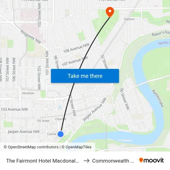 The Fairmont Hotel Macdonald Edmonton to Commonwealth Stadium map