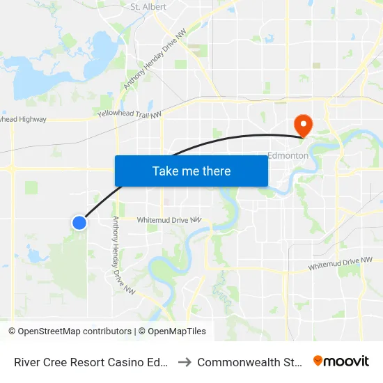 River Cree Resort Casino Edmonton to Commonwealth Stadium map
