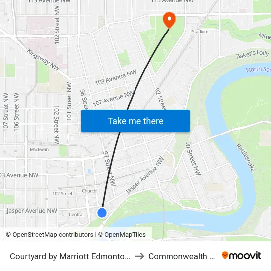 Courtyard by Marriott Edmonton Downtown to Commonwealth Stadium map