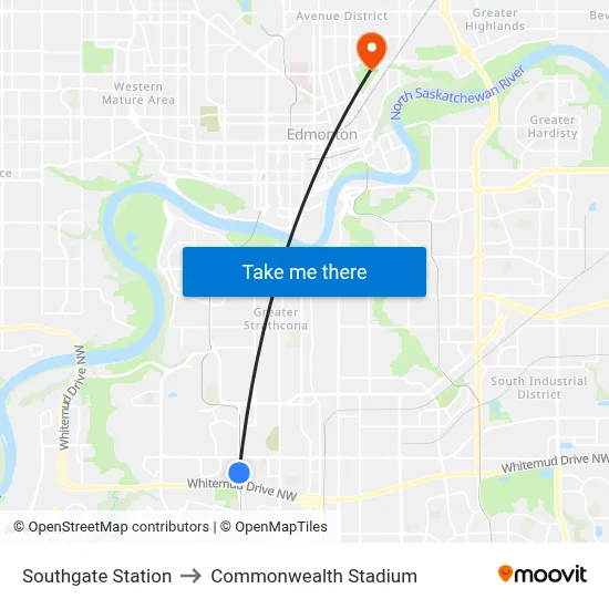 Southgate Station to Commonwealth Stadium map