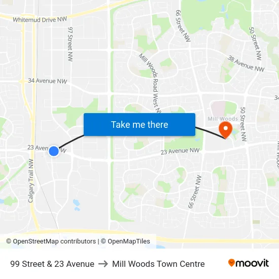 99 Street & 23 Avenue to Mill Woods Town Centre map