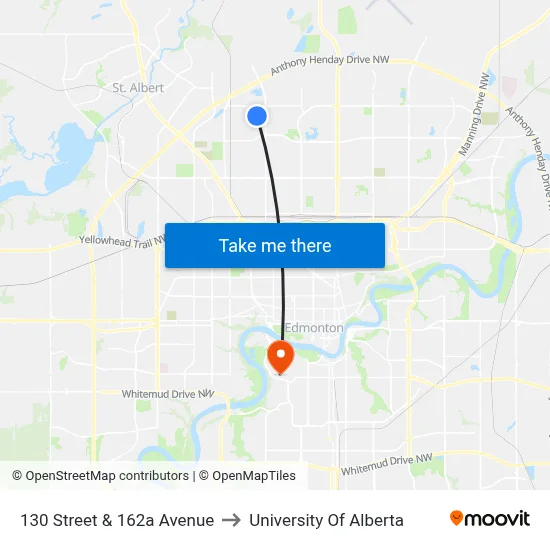 130 Street & 162a Avenue to University Of Alberta map