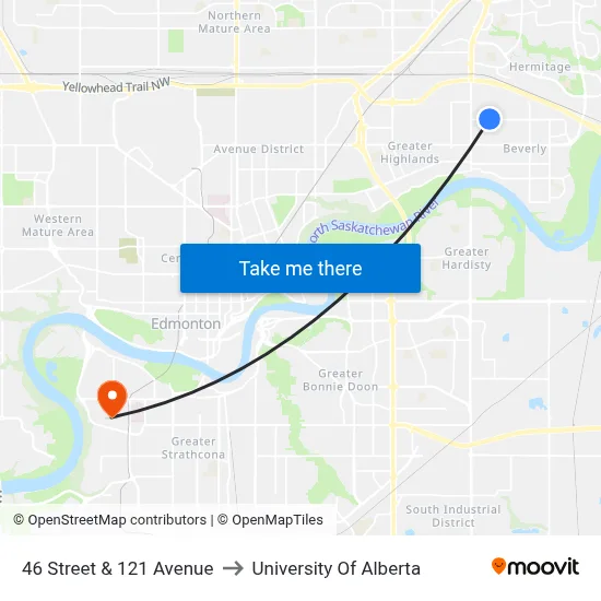 46 Street & 121 Avenue to University Of Alberta map