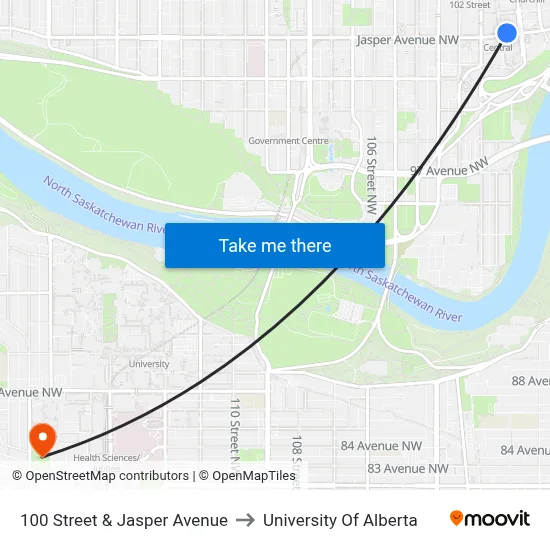 100 Street & Jasper Avenue to University Of Alberta map