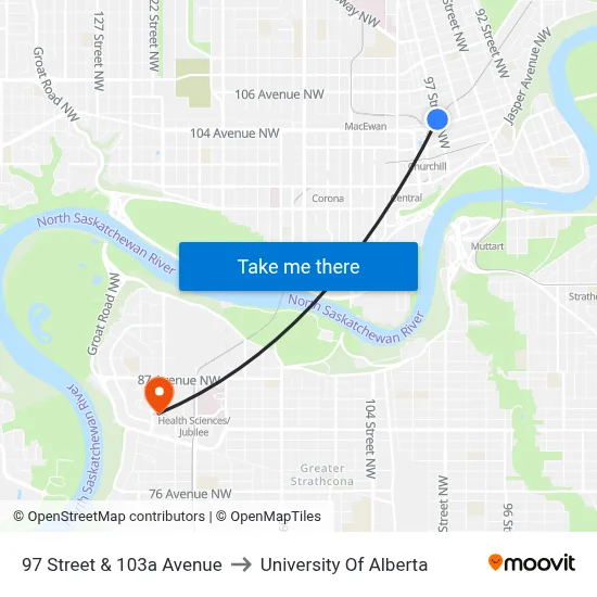 97 Street & 103a Avenue to University Of Alberta map