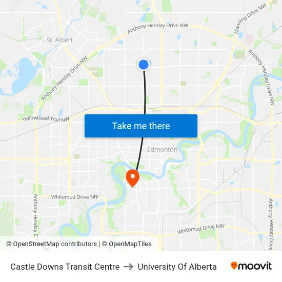 Castle Downs Transit Centre to University Of Alberta map