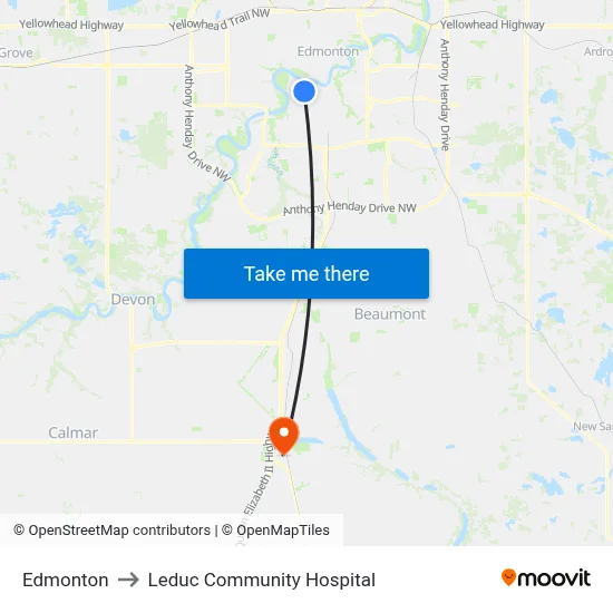 Edmonton to Leduc Community Hospital map