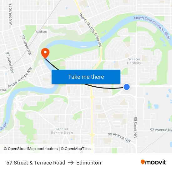 57 Street & Terrace Road to Edmonton map