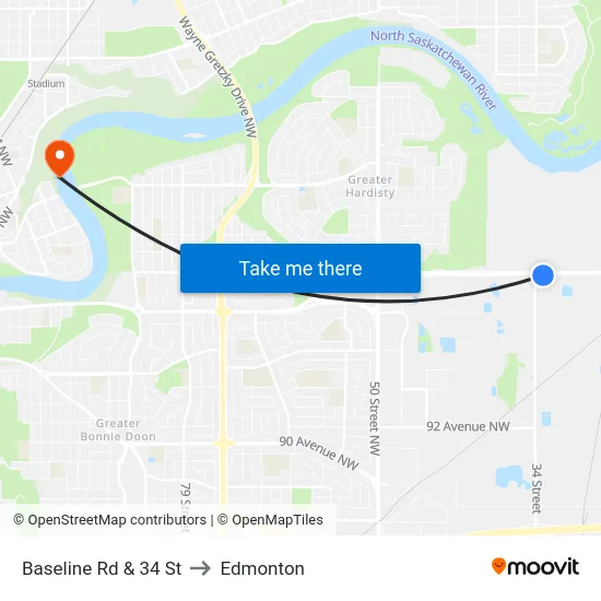 Baseline Rd & 34 St to Edmonton map