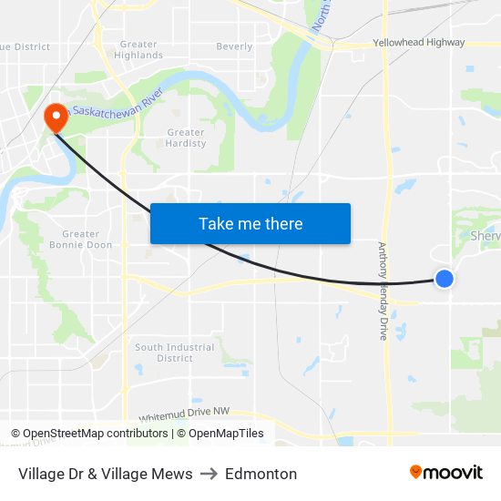 Village Dr & Village Mews to Edmonton map