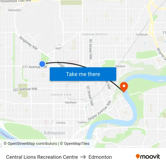 Central Lions Recreation Centre to Edmonton map