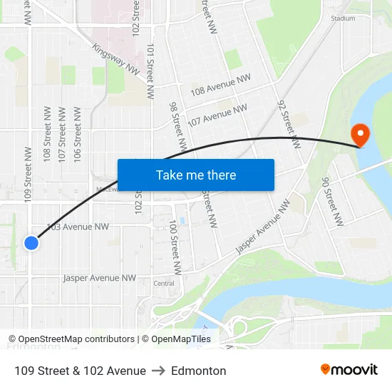 109 Street & 102 Avenue to Edmonton map