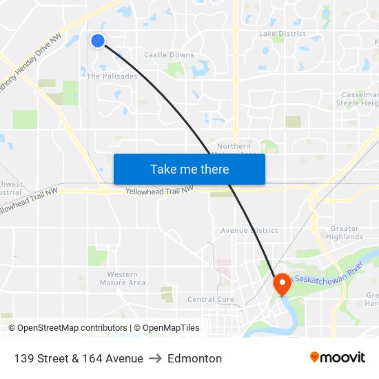 139 Street & 164 Avenue to Edmonton map