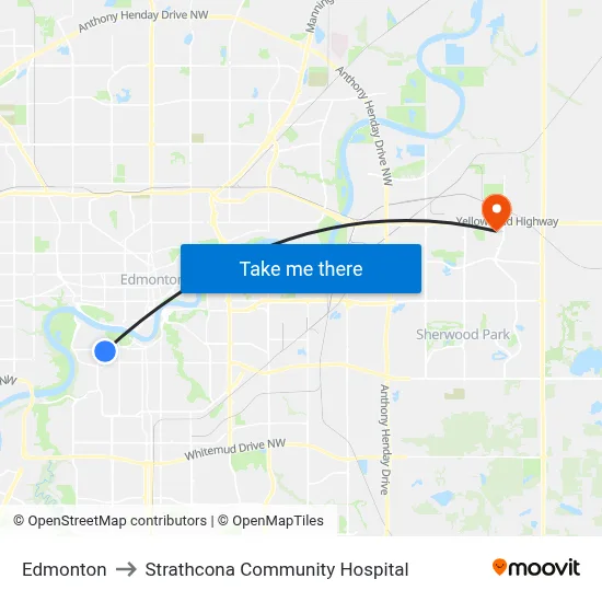 Edmonton to Strathcona Community Hospital map
