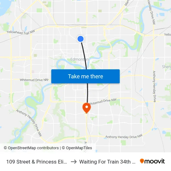 109 Street & Princess Elizabeth Avenue to Waiting For Train 34th Gateway Blvd. map
