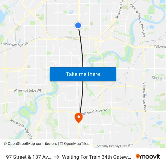 97 Street & 137 Avenue to Waiting For Train 34th Gateway Blvd. map