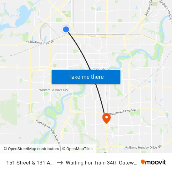 151 Street & 131 Avenue to Waiting For Train 34th Gateway Blvd. map