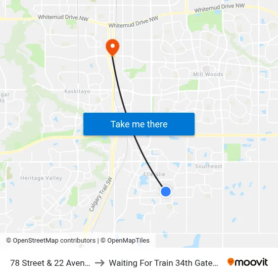 78 Street & 22 Avenue SW to Waiting For Train 34th Gateway Blvd. map