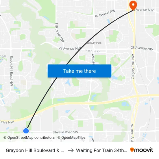 Graydon Hill Boulevard & Ellerslie Road SW to Waiting For Train 34th Gateway Blvd. map