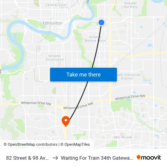 82 Street & 98 Avenue to Waiting For Train 34th Gateway Blvd. map