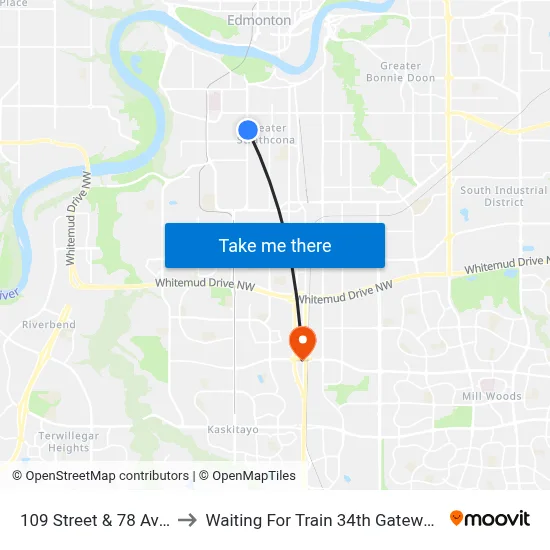 109 Street & 78 Avenue to Waiting For Train 34th Gateway Blvd. map