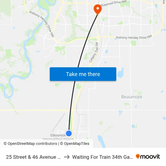 25 Street & 46 Avenue East Nisku to Waiting For Train 34th Gateway Blvd. map