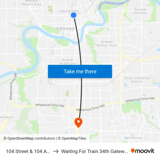 104 Street & 104 Avenue to Waiting For Train 34th Gateway Blvd. map