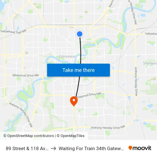 89 Street & 118 Avenue to Waiting For Train 34th Gateway Blvd. map