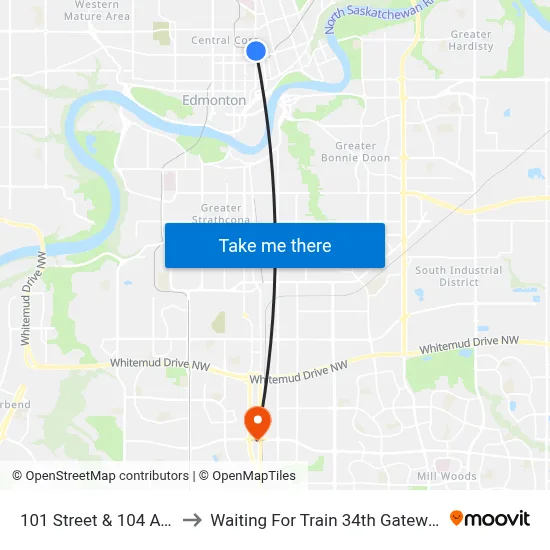 101 Street & 104 Avenue to Waiting For Train 34th Gateway Blvd. map
