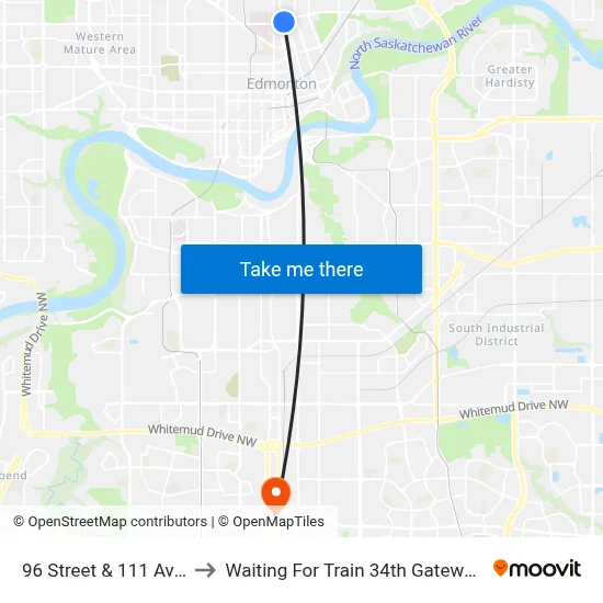 96 Street & 111 Avenue to Waiting For Train 34th Gateway Blvd. map
