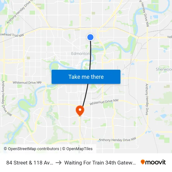 84 Street & 118 Avenue to Waiting For Train 34th Gateway Blvd. map